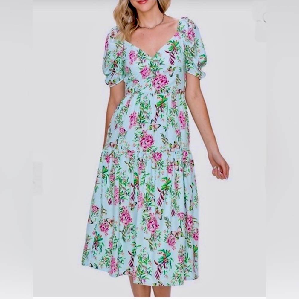 Adelyn Rae New With Tags Size XS Aqua Blue Floral Butterfly Summer Peasant Dress